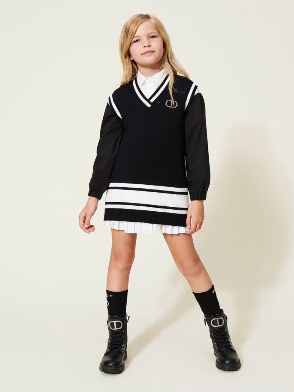 Twinset Girls Striped Knit V-Neck Sweater/Vest Dress With Logo, Black/White, 12Y